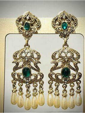 Vintage Cannetille clip on style chandelier dangle drop earrings